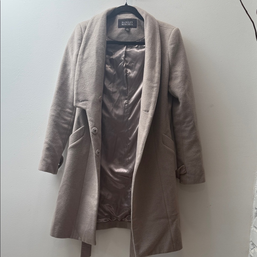 Badgley Mischka Wool‑Blend Combo Leather Trim Coat • Taupe Beige • M